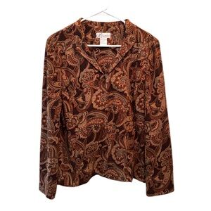 Dressbarn Women’s Paisley Zip Up Slinky Knit Jacket Brown Rust Boho Size L